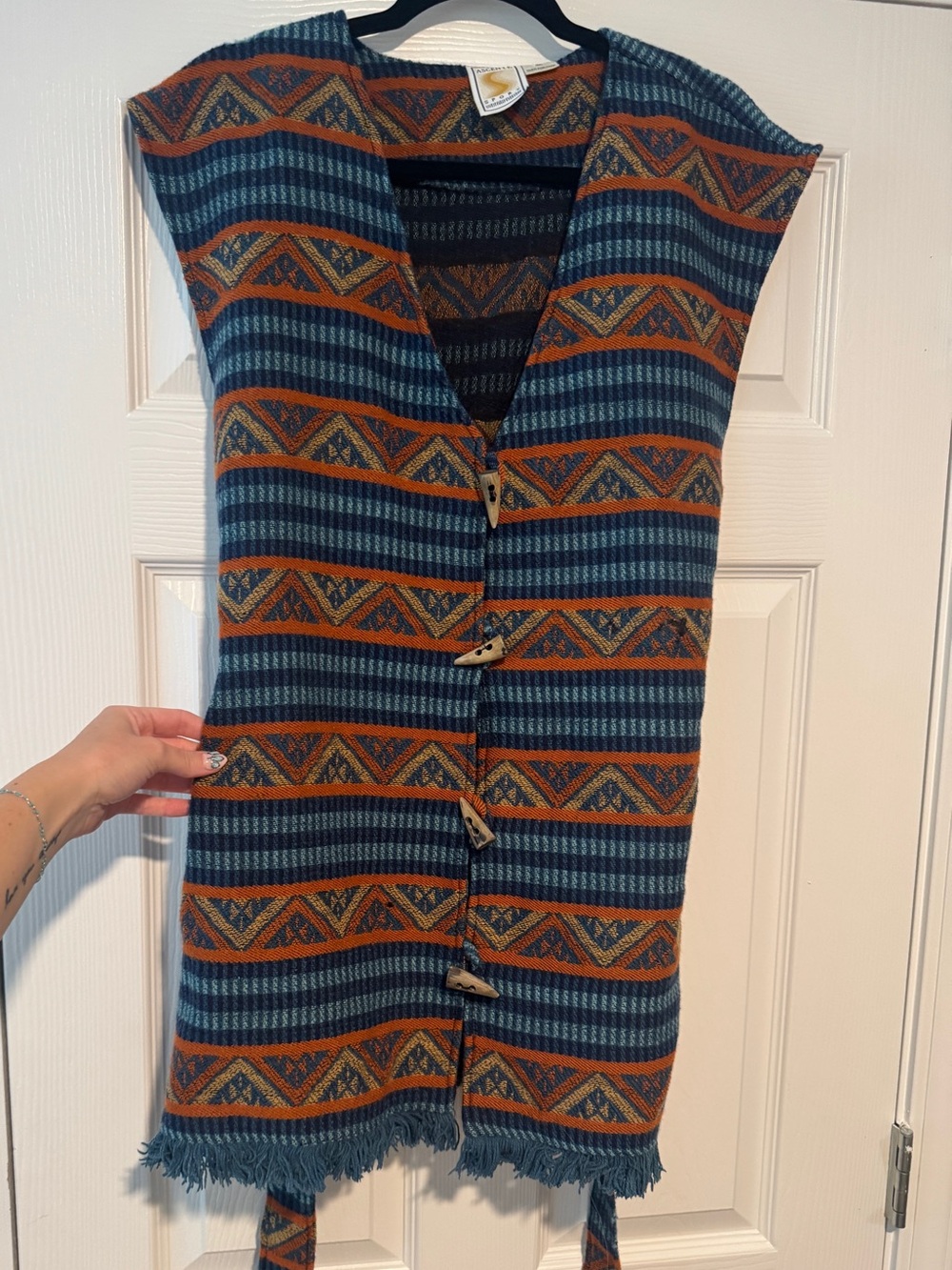 Boho Striped Knit Button-Front Vest in Teal and Rust